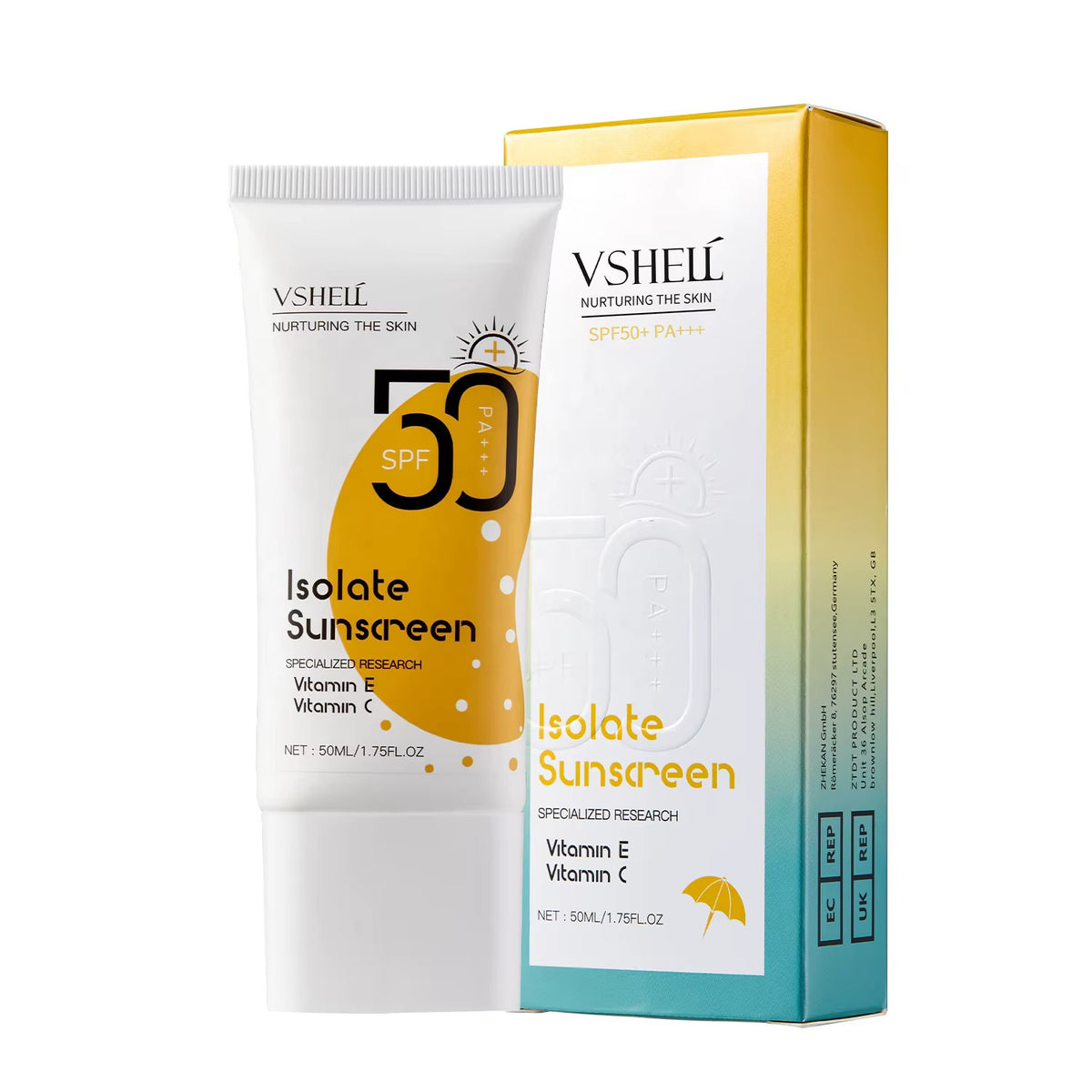 Protector solar facial SPF 50+ con vitamina C y E, tubo y caja de 50 ml